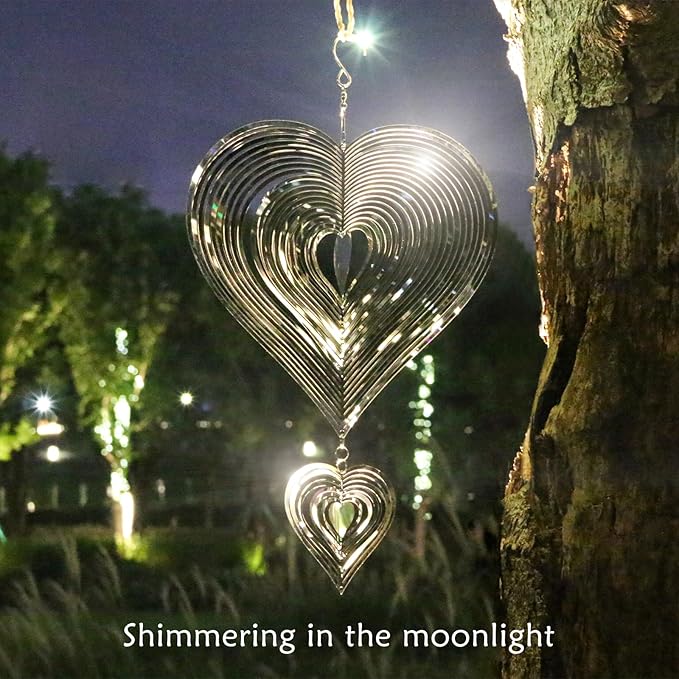 Phuryllic Wind Spinners Outdoor, Garden Decor, Bird Deterrents for Outside, 3D Metal Yard Decorations for Patio & Porch, Unique Gardening Gifts for Women & Moms - 2pcs Silver Heart