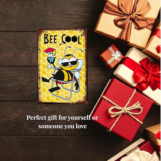 Funny Bee Metal Sign, Metal Country Rustic Tin Sign, Bee Cool, Yard Sign Garage Farm Outside Garden Wall Decor Sign Plaque Outdoor for Home Fence 8 X 12 Inch