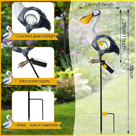 VIHOSE Solar Metal Pelican Statues Pelican Garden Sculpture Pelican Lawn Ornaments with Crackle Glass Ball Lawn Decorations Outdoor for Garden Landscape Outside Flower Bed Patio Yard Backyard Porch