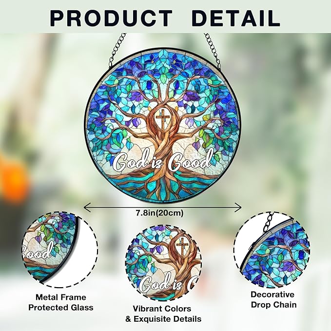 Christian Blue Tree of Life Stained Glass Window Hanging, Tree of Life Stained Glass, God is Good Sun Catchers Indoor Window Decor Birthday for Home Windows Garden Church, 7.9x7.9inch