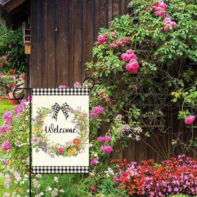 Welcome Spring Garden Flag for Outside,Floral Wreath Spring Garden Flag Yard Lawn Porch Flags for Outdoor Decorations 12x18 Inch Double Sided