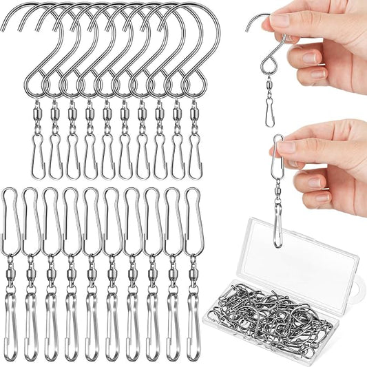 Jetec 30 Pieces Wind Spinner Swivel Hooks 360 Degree Dual Spinning Windsock Chime Supplies Hanger Swivels Clip Hanging Hooks with Storage Box for Wind Spinners Supply, 2 Styles (Metal Color)