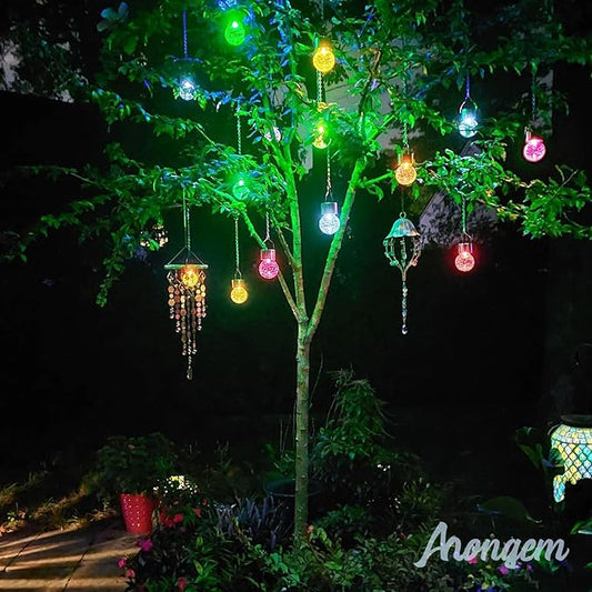 Solar Hanging Lanterns Outdoor: 12 Pack Cracked Glass Ball Lights with Clip - Waterproof Color Changing Globe Decorative Garden Tree Fence - Gardening Holiday Gifts for Women
