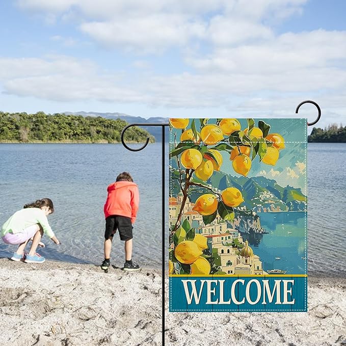 Artofy Welcome Italy Lemon Tree Beach Small Decorative Garden Flag, Amalfi Coast Coastal Town Citrus Yard Lawn Outside Decor, Summer Mediterranean Burlap Outdoor Home Decoration Double Sided 12 x 18