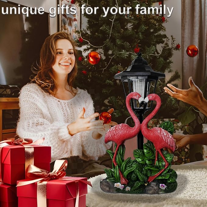 Garden Flamingo Outdoor Statue with Solar Lantern Unique Double Head Flamingo Gifts for Women,Mom,Lover Outdoor Figurine for Yard, Patio, Balcony