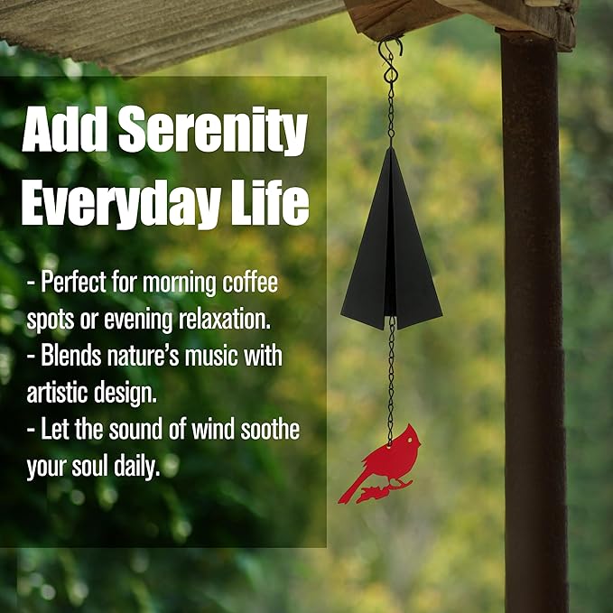 Coastal Country Style Wind Bells Inspired by North Design – Cardinal Bird Geometric Metal Bell Chime with Buoy Catcher for Outdoor Yard Home Decor, Red and Black Windchime for Outside Boothbay Theme