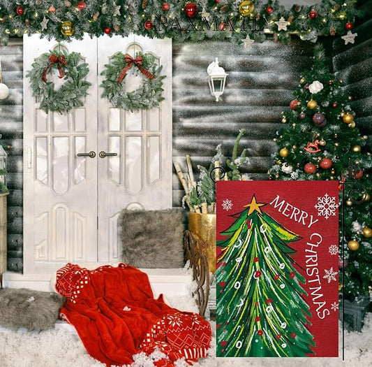 Merry Christmas Garden Flag 12x18 Inch Double Sided, Christmas Tree Xmas Winter Yard Outdoor Flag for Holiday Seasonal Decoration