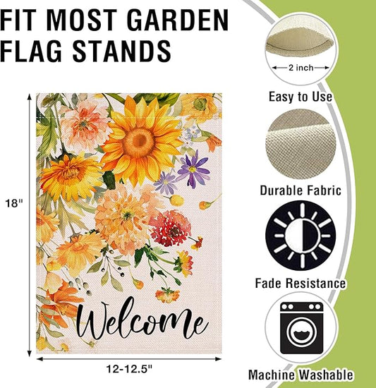 Artofy Welcome Spring Summer Flower Small Decorative Garden Flag, Watercolor Sunflower Daisy Floral Yard Lawn Outside Decor, Seasonal Burlap Outdoor Home Decoration Double Sided 12 x 18