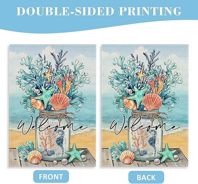 Welcome Summer Mason Jar Decorative Garden Flag, Beach Coastal Coral Starfish Shell Sea Horse Yard Outside Decorations, Nautical Seasonal Burlap Outdoor Small Home Decor Double Sided 12 x 18