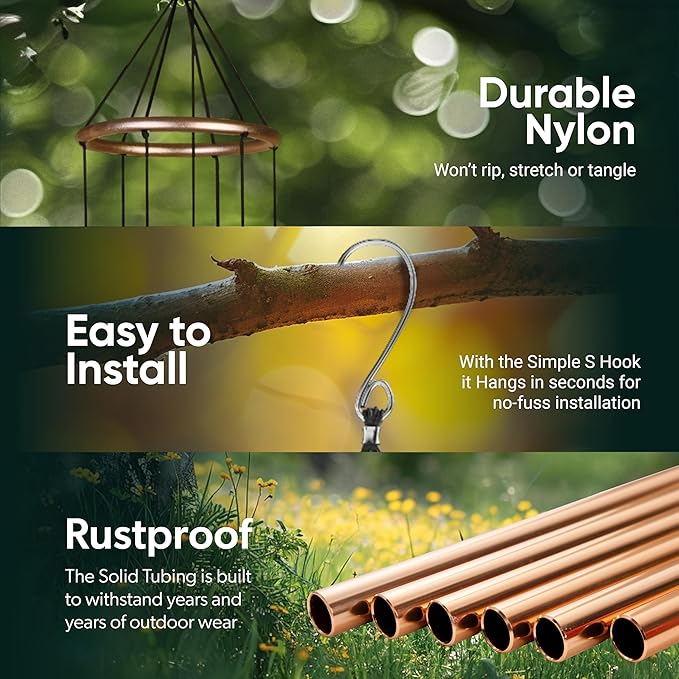 Nature’s Melody Aureole Tunes Wind Chimes – Outdoor Windchime with 6 Tubes, 100% Rustproof Aluminum, Powder Finish & S Hook Hanger for Sympathy, Memorial Gift or Zen Garden (Bronze, 28")