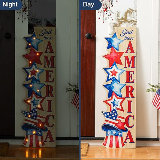 Glitzhome Patriotic Porch Sign, 4th of July Independence Day Welcome Sign with Timer, Memorial Day 42"H Farmhouse Wooden "AMERICA" Porch Decor Hanging Sign Front Door Porch, Standing Home Decor