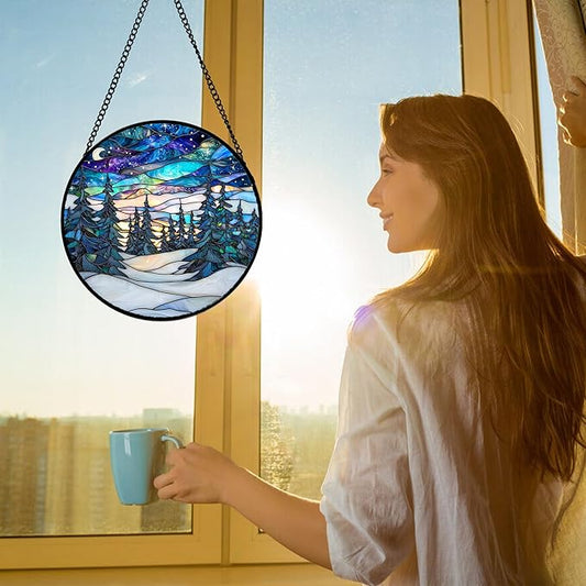 DASTOLL Stained Glass Window Hanging, Starry Sky Trees and Snow Sun Catchers Glass Panel Blue Suncatcher Decor for Birthday for Women, Men, Wife, Aunt, and Mom 6.3 in