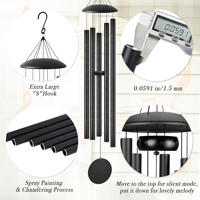 65" Extra Large Wind Chimes with Outside Deep Tone, 5 Thick and Bold Aluminum Tubes, Coolest Metal Windchimes Outdoors with Pine Wood Striker, Unique Gift for Mom, Garden Decoration(Black)