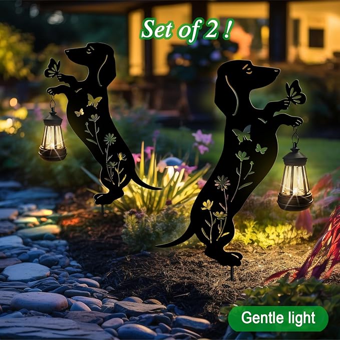 Solar Lights Outdoor Pathway,2 Pack Metal Dachshund Yard Decor with Solar Lantern Garden Stakes,Outside Decorations for Yard,Lawn,Patio,Perfect Dog Gifts for Women