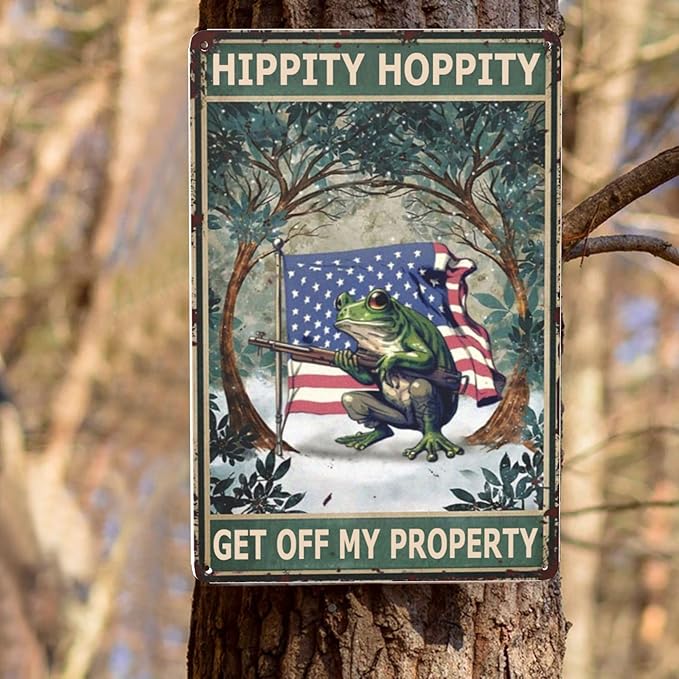 Vintage Metal Frog Door Sign - American Flag Design - Funny & Retro Room Decor - 8x12 Inch Tin Plate - for Garden, Home & Bedroom - 'Hippity Hoppity, Get Off My Property' No Trespassing Banner