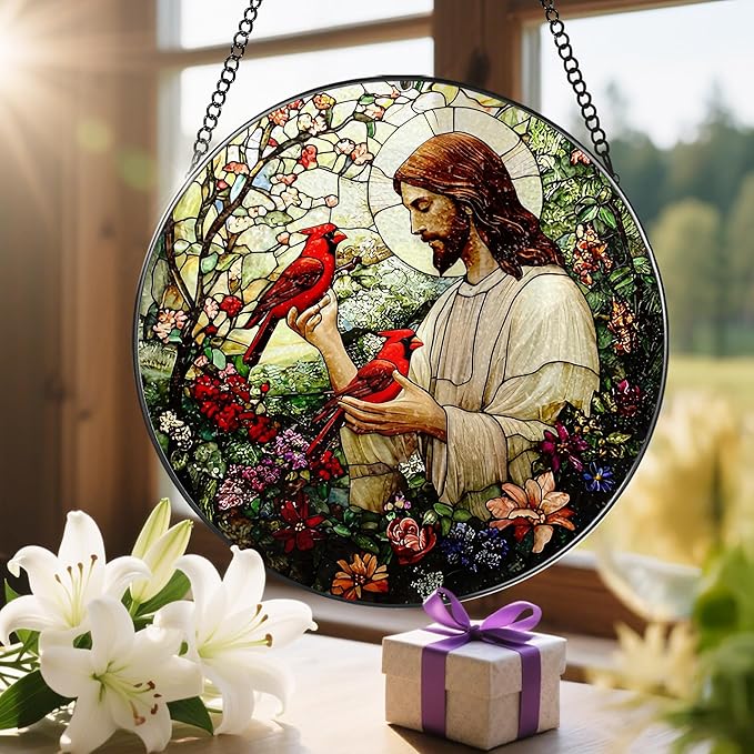 8-Inch Jesus with Cardinals Suncatcher Ornament, Stained Glass Window Hanging & Religious Christmas Ornament, Christian Window Decor โ Memorial Gift, Christian Gifts for Her, Religious Gifts