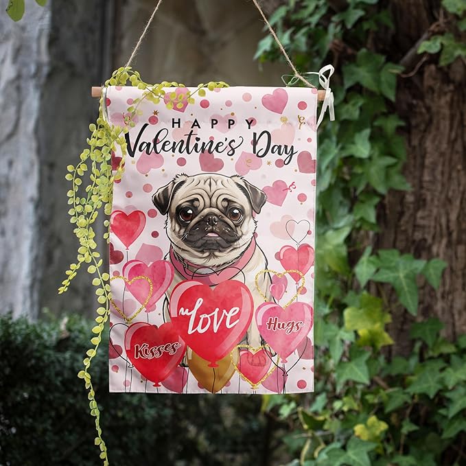 Pug Valentine Garden Flag Valentines Day Flags for Outside 12x18 Double Sided Small Yard Flags Dog Valentine's Day Decor Outdoor Lawn Valentines Banner