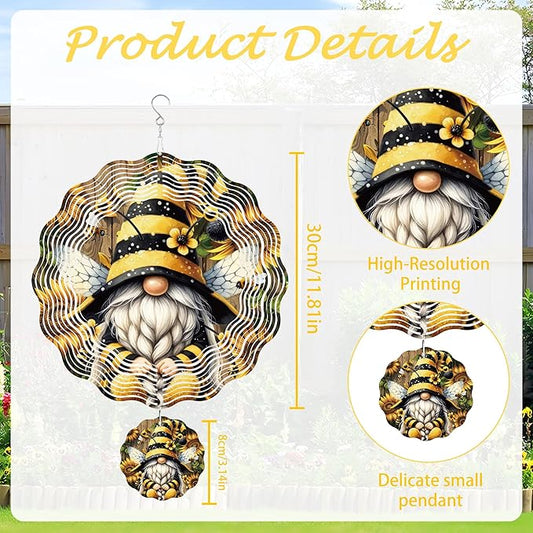 Wind Spinner Hanging Outdoor Decor, 12 Inch 3D Bee Gnome Metal Kinetic Wind Spinners for Garden Yard Patio, Stainless Steel Laser Cut Art Gifts for Women Outdoor Decorations