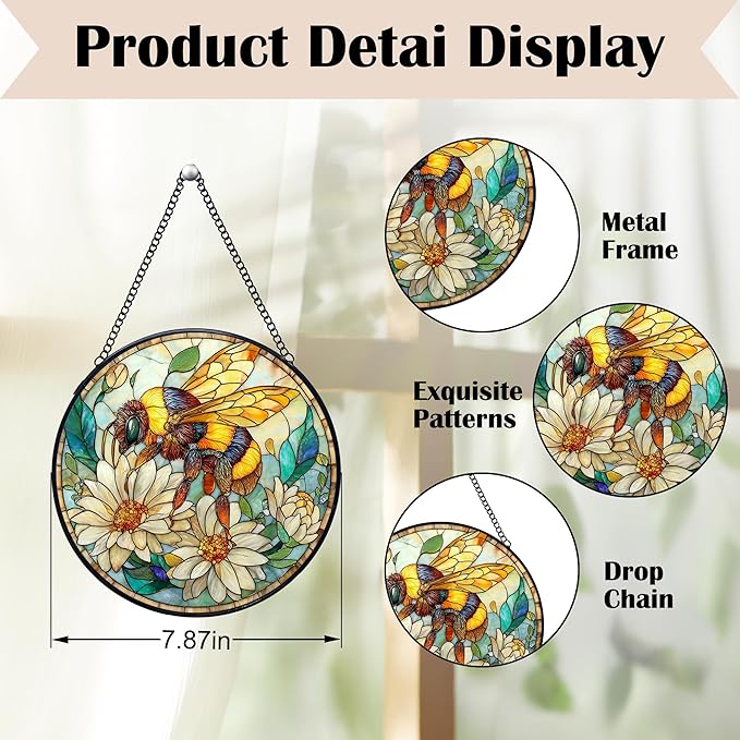 Vintage Bee Wildflowers Stained Glass Window Hanging Suncatchers, Honey Bee Sun Catchers Indoor Window Glass Wall Art Decor Sculptures, Daisy Garden Wall Hanging Decor Sculptures, 7.9x7.9in