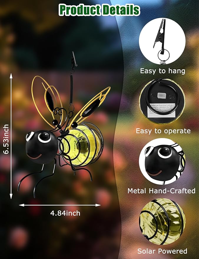Solar Bees Lights Outdoor, 2026 New Hanging Bee Solar Garden Light,IP44 Waterproof,Outdoor Statues Figurine Lights Decorations for Balcony,Garden,Porch,Courtyard Decoration (2Pcs)