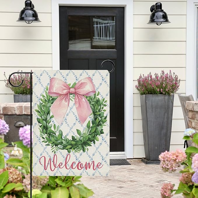 Dyrenson Welcome Pink Bow Wreath Decorative Garden Flag, Coquette Ribbon Eucalyptus Leaves Yard Outside Home Decoration, Botanical Floral Burlap Outdoor Small Decor Double Sided 12 x 18