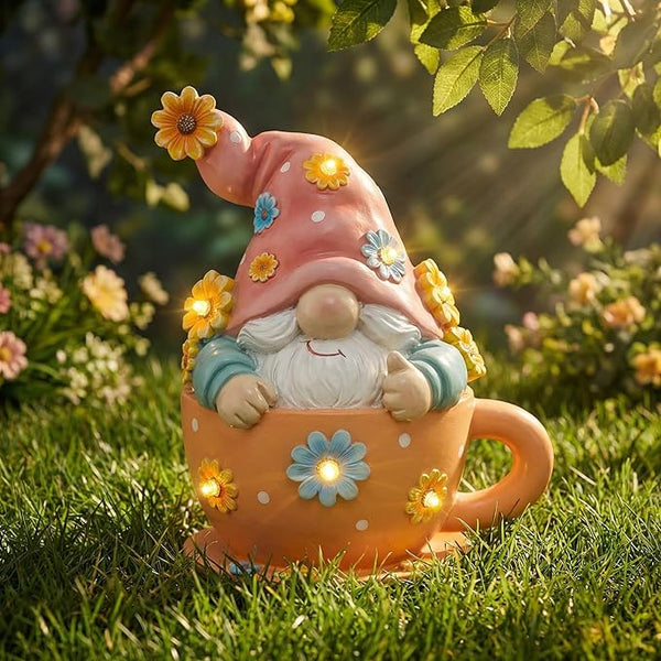 Joint Honglin Garden Sculptures & Statues Resin Cup Gnome with Sunflower, Outdoor Funny Decoration Solar Figurine Lights for Yard, Patio Decor Gifts for Mom (Cute Cup Gnome)