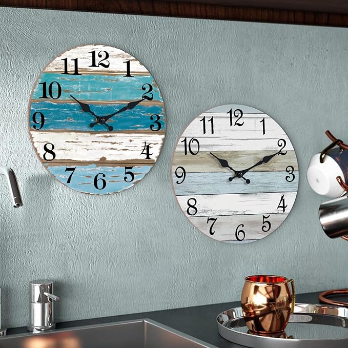 CHYLIN Wall Clock, Beach Themed Blue Wall Clocks Battery Operated Silent Non-Ticking, 8 Inch Vintage Rustic Coastal Nautical Clock Decorative for Kitchen Office Bathroom Bedroom 8