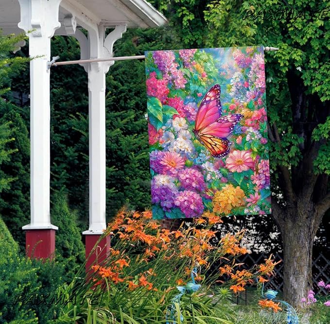 Spring House Flag for Outside 28x40 Inch Double Sided, Butterfly Flowers Large Yard Outdoor Flags for Seasonal Spring Summer Farmhouse Holiday Decoration