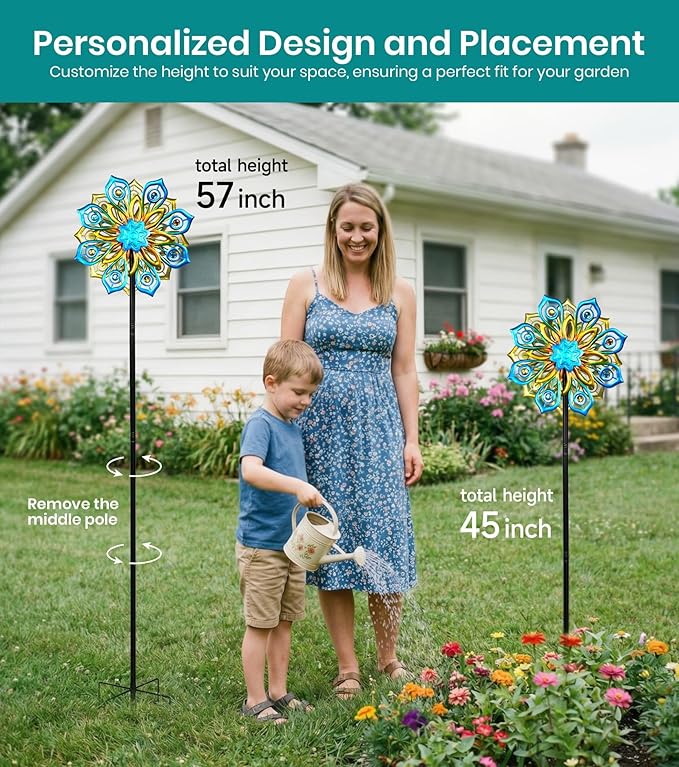Solar Wind Spinners Outdoor, 63x13 Inch Double Layer Metal Wind Spinner with Crackle Glass Ball, Built-in Solar Panel, Peacock Feather Kinetic Yard Art with LED Light for Garden Decor