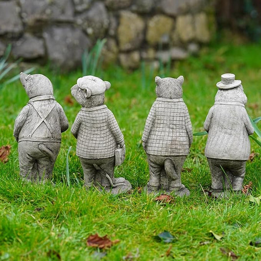 Set 4 Wind in the Willows Stone Statues | Mole Mouse Badger Toad Garden Ornament, Gray