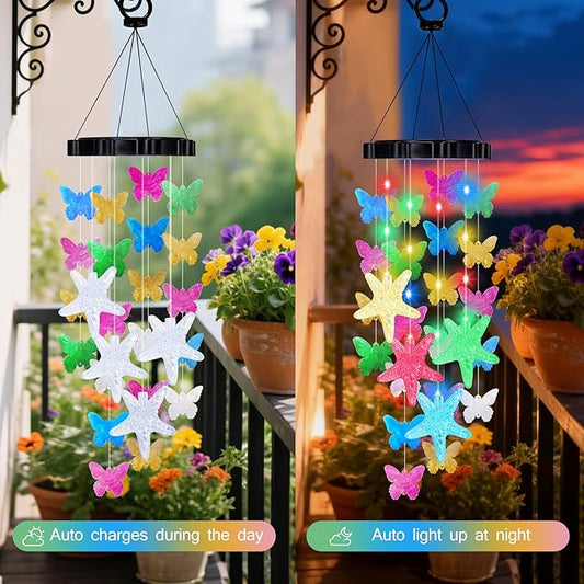 Mom Grandma Gifts for Mothers Day Butterfly Solar Wind Chimes for Outside Garden, Handcrafted Capiz Shell Wind Chimes Outdoor Memorial & Sympathy Gifts Solar Lights for Home Garden Yard Decor