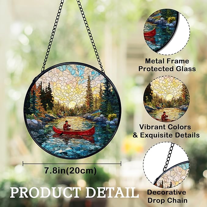 Lake Landscape Suncatchers Stained Glass Window Hanging, Nature Canoeing Man Lake Sun Catchers Indoor Window Glass Round Wall Decor, Lakehouse Wall Hanging Decorations, 7.9x7.9in