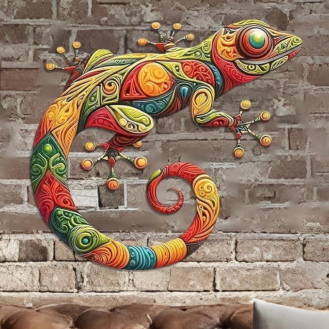 Nuytghr Lizard Decor, Gecko Metal Art, Iron Colorful Sculpture, Waterproof Design, 11.81x10.75x0.04 Inch Home Decorations, Garden Statues, Yard Fence, Patio, Indoor, Outdoor Display Piece