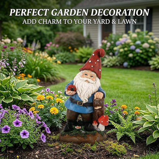 Topadorn Garden Gnome Statue LED Light Solar Energy Gnome Figurine with Ladybug on Hand Mushroom for House, Lawn Decor 11 Inch