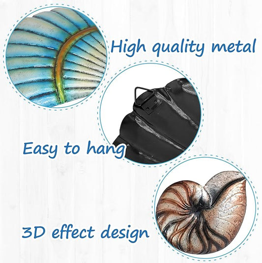 Weibefee 3 Pcs Metal Beach Wall Decor Sea Star Shell Conch Metal Mother's Day Decor Ocean Theme Marine Coastal Bathroom Mother's Day Decorations Gift Rustic Cottage Nautical Wall Art for Office Home Living Room Nursery Room