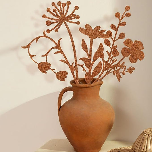 Metal Flowers Garden Stakes, Flower Bed Decor Plant Stakes, Rusted Metal Flower Plant Art for Outside, Yard Art Outdoor for Lawn Yard, Walkway Flower Garden Pots
