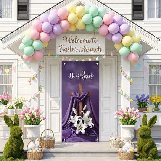 He Is Risen Easter Door Cover Decorations 35x71 Inch - Premium Religious Cross Church Banners with White Lilies, Purple Resurrection Sunday Decorative Porch Sign for Holy Week Home Outdoor Lent Decor