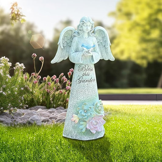 Angel Garden Statue Outdoor Decor, Angel Garden Holding Bird with Solar Lights, Gardening Gifts for Mom Grandma, Art Decoration Lawn Ornament Sculpture for Outside
