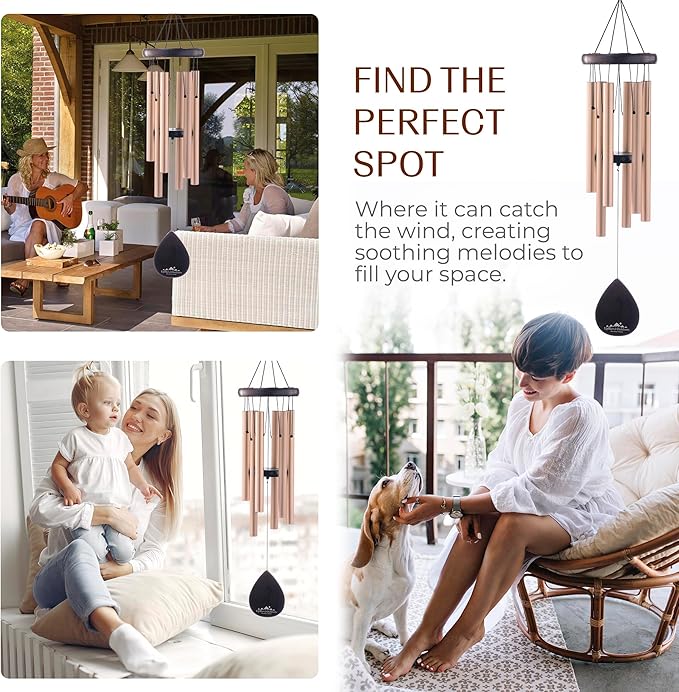UpBlend Wind Chimes for Outside Gift – Deep Tone Wind Chime with Decorative Stone – Porch & Patio Decor, Elegant Outdoor Ornament, Garden Gifts. 28” Gold.