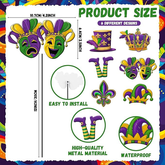 Shimeyao 6 Pcs Mardi Gras Metal Garden Stakes Mardi Gras Carnival Metal Garden Signs Yard Stakes Outdoor Decor for Carnival Party Home Lawn Porch Holiday Front Backyard