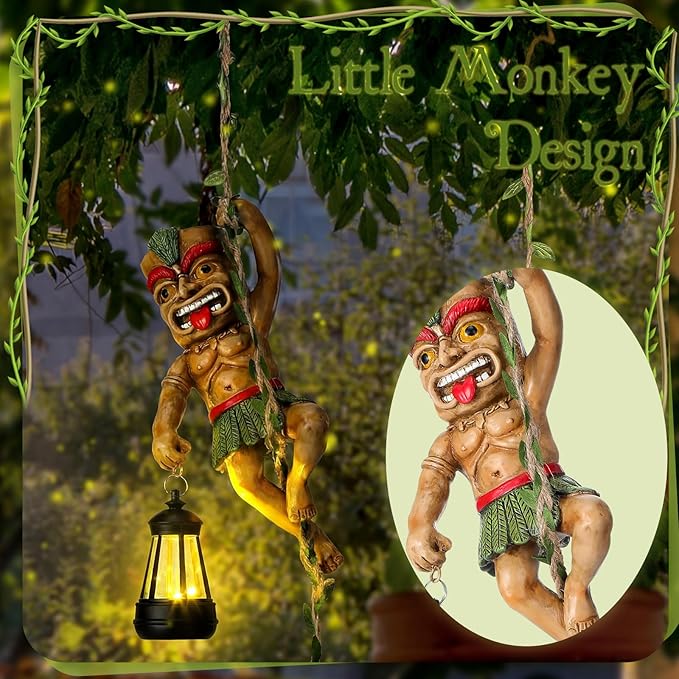 Kathfly Solar Light Outdoor Tiki Statues Resin Tiki Man Climbing on Vine with LED Lantern Waterproof Lamp Hanging Figurine with Hook for Hawaiian Gift Bar Decor Porch Patio Summer Yard Lawn Figurine