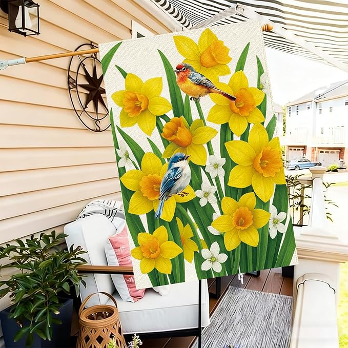 Baccessor Spring Summer Daffodils House Flag 28 x 40 Inch Double Sided Burlap Bluebirds Yellow Flower Green Leaf Farmhouse Large Yard Flag Summer Holiday Seasonal Outdoor Outside Decoration