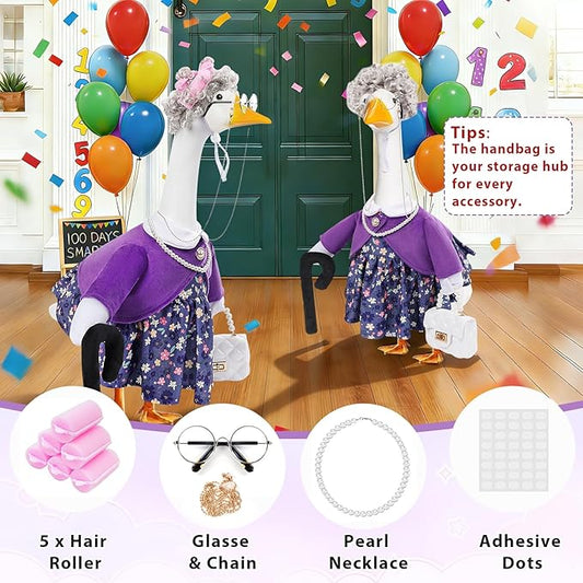 GJL Old Lady Porch Goose Outfits, Spring Summer Grandma Goose Clothes with Wig Glasses Pearl Necklace, Fits 23 Inch Cement Plastic Goose Statue for Outdoor Yard Garden Decor