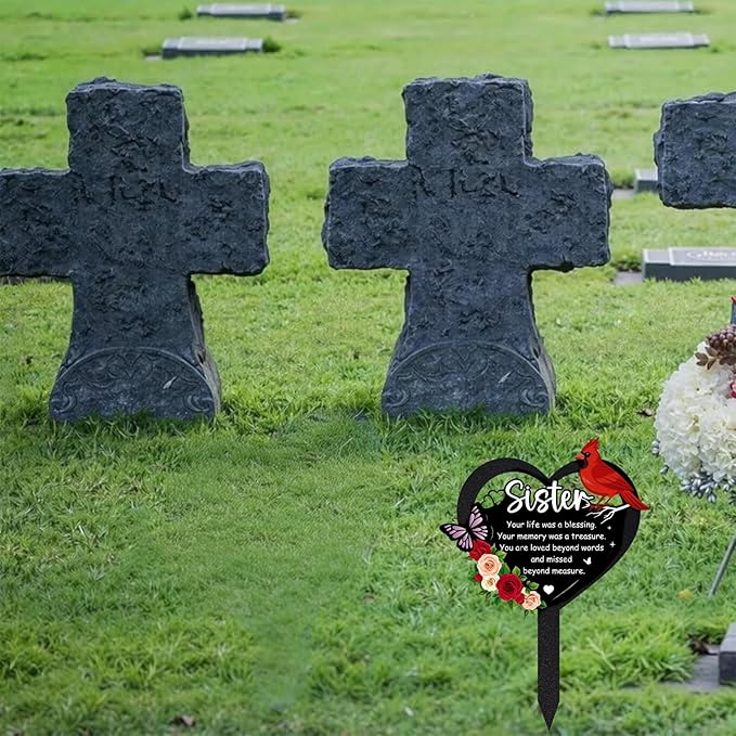 Grave Markers for Cemetery - Memorial Sister Metal Cardinals Grave Stakes Black Heart Remembrance Plaque Waterproof Flower Gravesite Decorations Outdoors Sympathy Gifts for Loss of Sisters