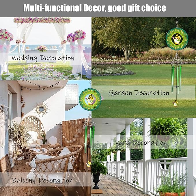 Wind Chimes with Sunflower Gnome 3D Display Wind Spinner for Outside Garden Patio Yard Decor, Metal Decorative Windchime Outdoor Hanging Gift for Mom Women Wife, for Christmas, Birthday
