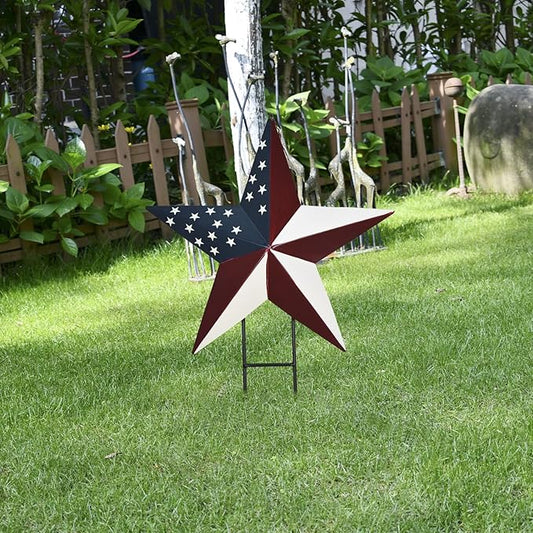 Metal Barn Star Yard Sign Patriotic Garden Stakes Hanging Star Ornament with Stake Outdoor 4th of July Lawn Decoration Party Supplies USA Flag Decor for Independence Day Memorial Day
