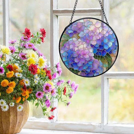 Hydrangea Decor, Spring Hydrangea Flower Suncatchers Stained Glass Window Hanging, Flower Sun Catchers Indoor Window Glass Round Wall Decor, Floral Wall Hanging Decorations, 7.9x7.9in