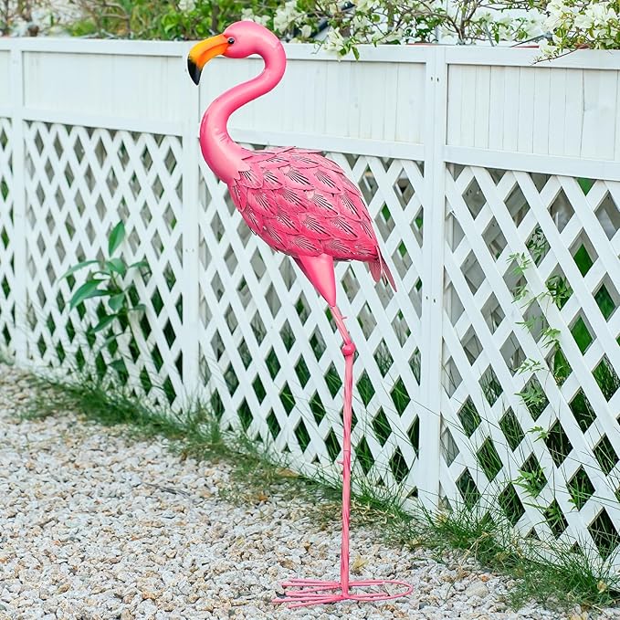 Pink Flamingo Garden Statue Outdoor Decoration, Metal Yard Art Lawn Ornament, Suitable for Backyard Pond, Patio, Porch Outdoor Decor (Large Size)