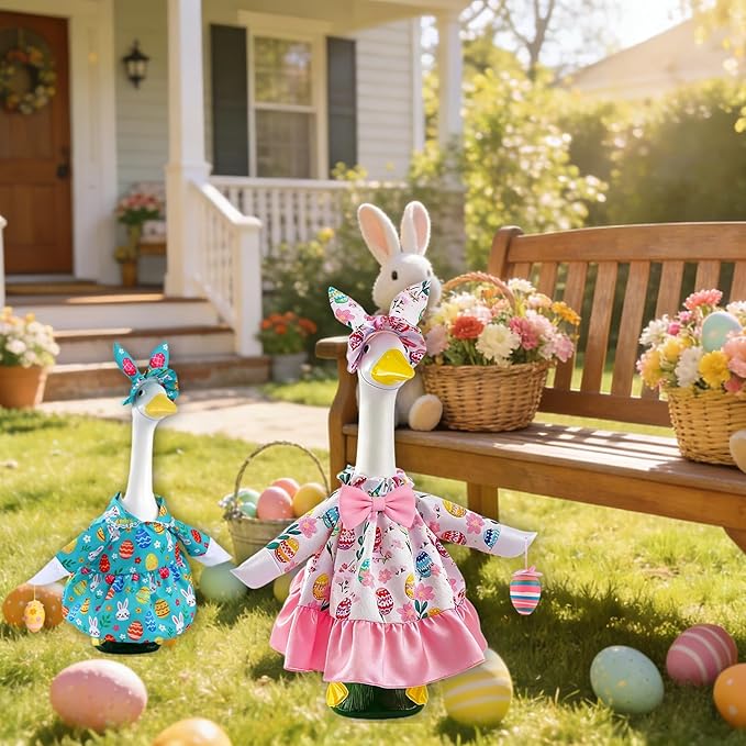 Easter Outfit for Porch Goose, Bunny Ear Hat with Easter Egg, Pink Dress Fit 17-23 Inch Goose Decoration, Holiday Costume for Front Porch Lawn Garden