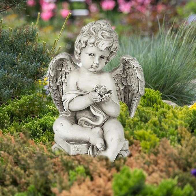 Fenteer Heavenly Statue for Outdoor Lawn Decoration, Angel Holding Bird, 22x34cm
